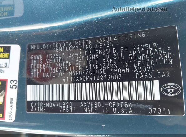 4T1DAACK4TU216007 2026 TOYOTA CAMRY Зеленый Вид подкапотного пространства