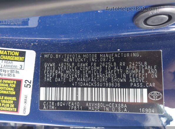 4T1DAACK5SU199636 2025 TOYOTA CAMRY Blue Widok komory silnika