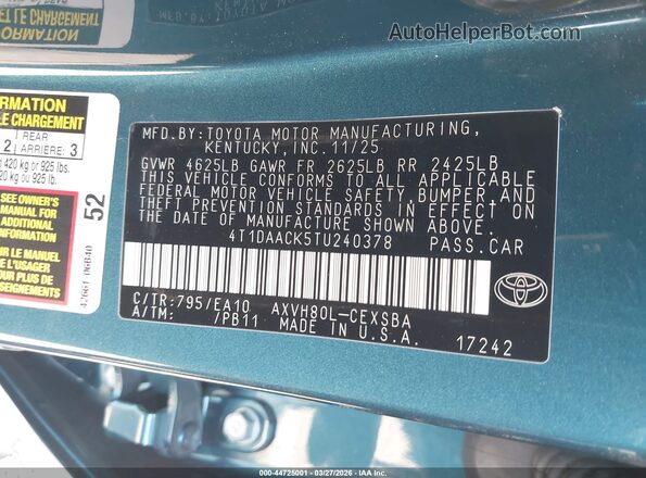 4T1DAACK5TU240378 2026 TOYOTA CAMRY Blue Vista del compartimento del motor