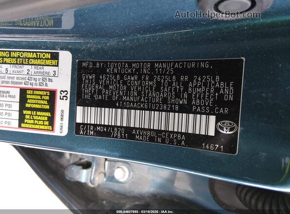 4T1DAACK6TU238218 2026 TOYOTA CAMRY Light Blue Вид підкапотного простору