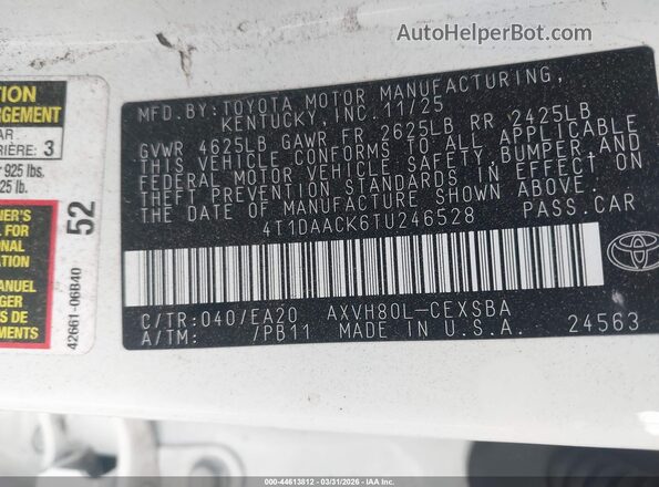 4T1DAACK6TU246528 2026 TOYOTA CAMRY Белый Вид подкапотного пространства