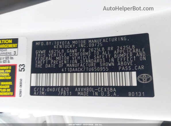 4T1DAACK7TU650955 2026 TOYOTA CAMRY Белый Вид подкапотного пространства