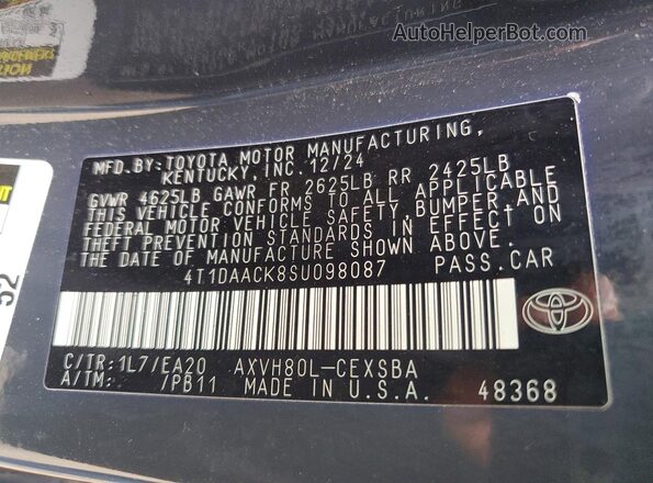 4T1DAACK8SU098087 2025 TOYOTA CAMRY Gray Widok naklejki z numerem VIN