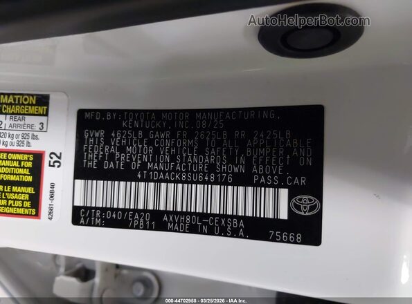 4T1DAACK8SU648176 2025 TOYOTA CAMRY Белый Вид подкапотного пространства