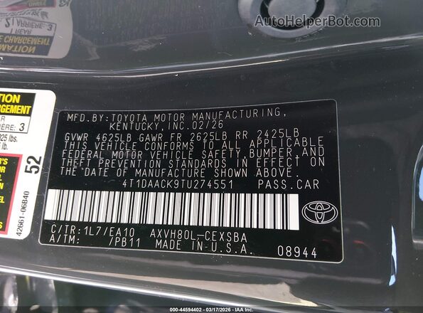 4T1DAACK9TU274551 2026 TOYOTA CAMRY Черный Вид подкапотного пространства