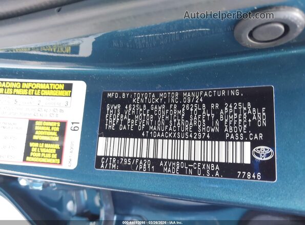 4T1DAACKXSU542974 2025 TOYOTA LE Синий Вид подкапотного пространства