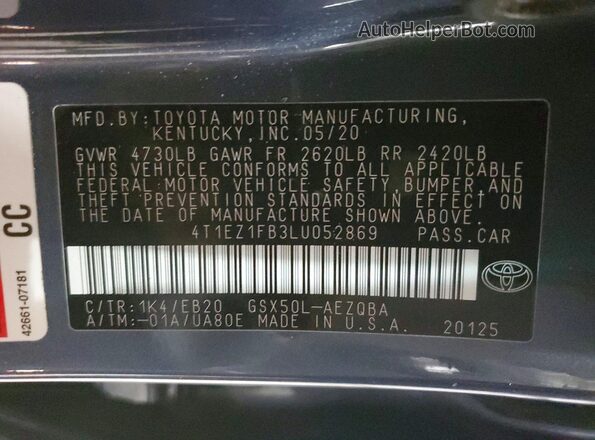 4T1EZ1FB3LU052869 2020 TOYOTA AVALON Синий Вид подкапотного пространства