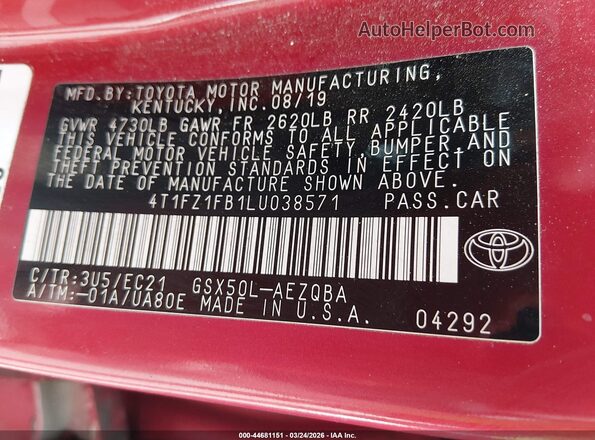 4T1FZ1FB1LU038571 2020 TOYOTA AVALON Red Вид підкапотного простору