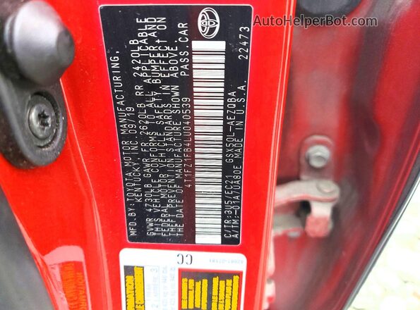 4T1FZ1FB4LU040539 2020 TOYOTA AVALON Красный Вид подкапотного пространства
