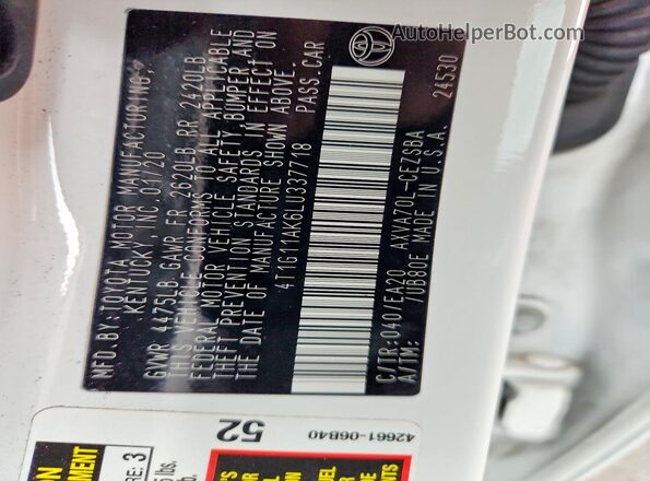 4T1G11AK6LU337718 2020 TOYOTA CAMRY White Widok naklejki z numerem VIN