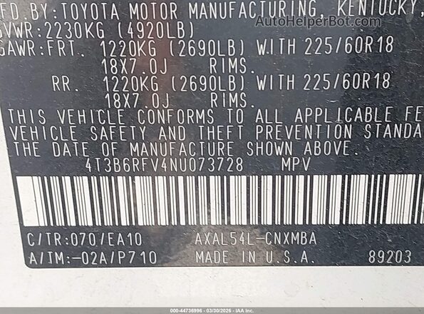 4T3B6RFV4NU073728 2022 TOYOTA LE White Widok komory silnika