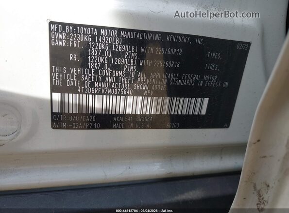 4T3D6RFV7NU075840 2022 TOYOTA LIMITED Белый Вид подкапотного пространства