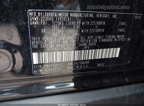 4T3T6RFV2NU080407 2022 TOYOTA RAV4 HYBRID Black ძრავის განყოფილების ხედი