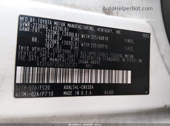 4T3T6RFV5NU100357 2022 TOYOTA RAV4 HYBRID White Engine compartment view