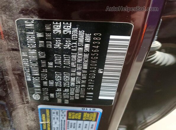5XYPGDA30KG564383 2019 KIA SORENTO Бордовый Панорамный вид салона 360°