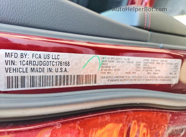 1C4RDJDG0TC176168 2026 DODGE DURANGO Red VIN კოდის სტიკერის ხედი