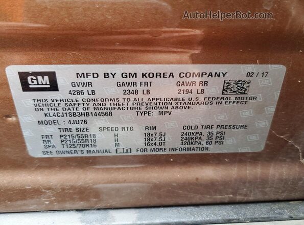 KL4CJ1SB3HB144568 2017 BUICK ENCORE Коричневый Панорамный вид салона 360°