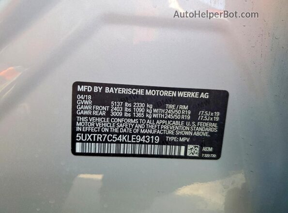 5UXTR7C54KLE94319 2019 BMW X3 Silver Widok wnętrza 360 stopni