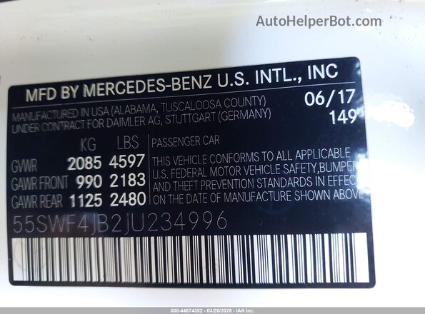 55SWF4JB2JU234996 2018 MERCEDES-BENZ C-CLASS Белый Вид подкапотного пространства