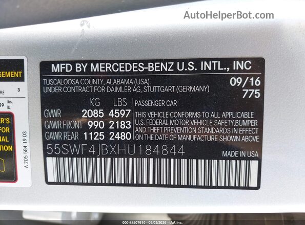 55SWF4JBXHU184844 2017 MERCEDES-BENZ C-CLASS Silver Engine compartment view