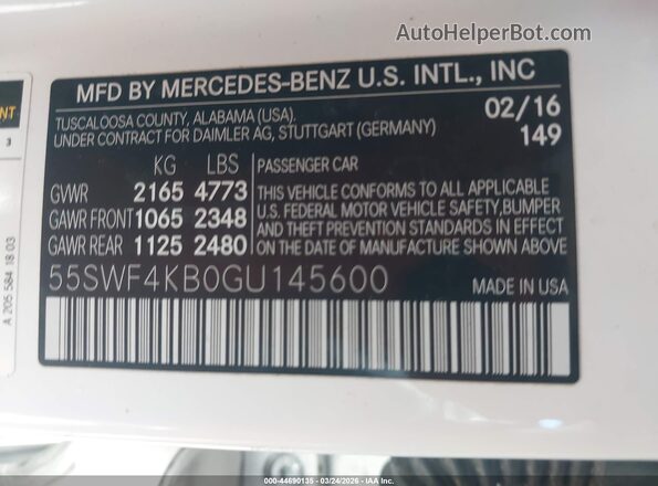 55SWF4KB0GU145600 2016 MERCEDES-BENZ C-CLASS White ძრავის განყოფილების ხედი