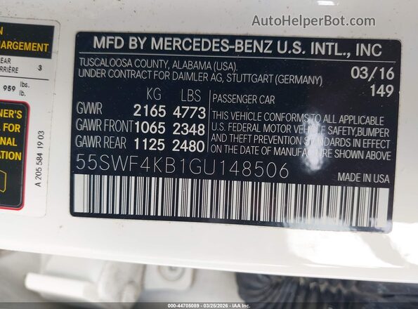 55SWF4KB1GU148506 2016 MERCEDES-BENZ C-CLASS White Շարժիչի բաժամունքի տեսք