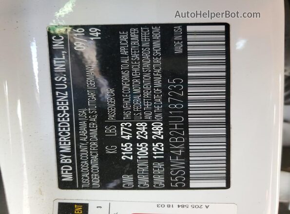 55SWF4KB2HU187235 2017 MERCEDES-BENZ C White Вид підкапотного простору