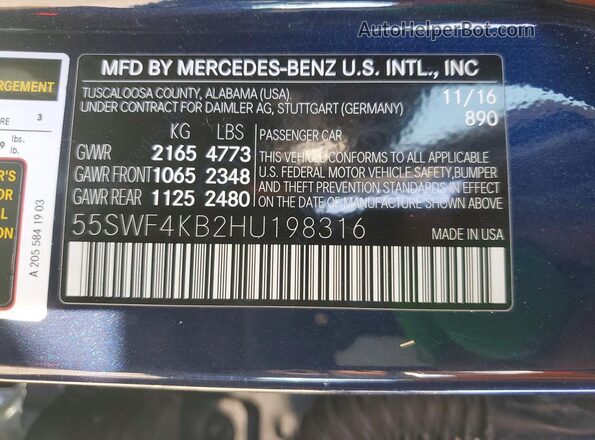 55SWF4KB2HU198316 2017 MERCEDES-BENZ C Blue ძრავის განყოფილების ხედი