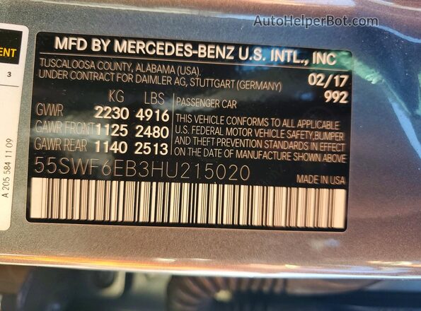 55SWF6EB3HU215020 2017 MERCEDES-BENZ C Gray ძრავის განყოფილების ხედი