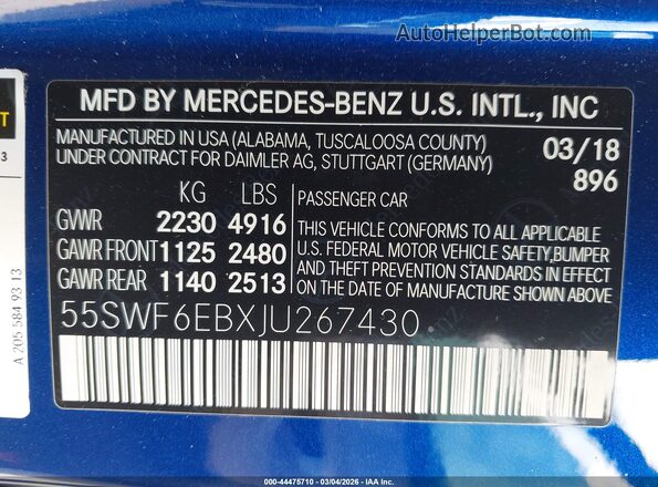 55SWF6EBXJU267430 2018 MERCEDES-BENZ AMG C 43 Blue Engine compartment view