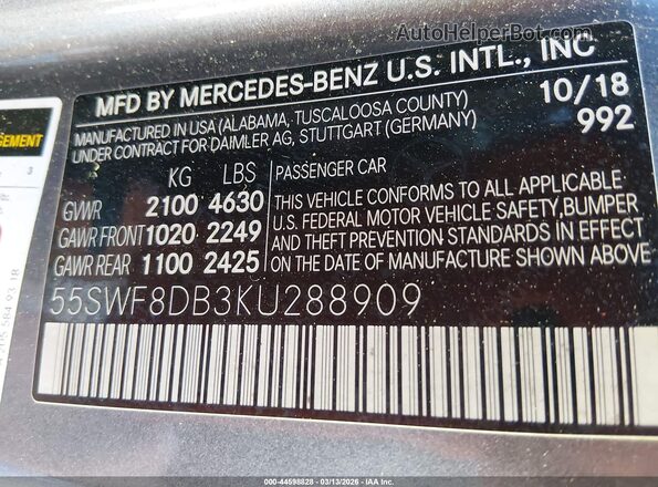 55SWF8DB3KU288909 2019 MERCEDES-BENZ C-CLASS Gray Вид підкапотного простору