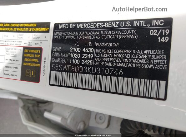 55SWF8DB3KU310746 2019 MERCEDES-BENZ C-CLASS White ძრავის განყოფილების ხედი