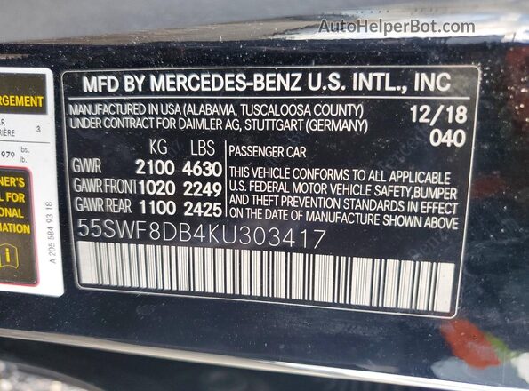 55SWF8DB4KU303417 2019 MERCEDES-BENZ C Черный Вид наклейки с VIN-кодом