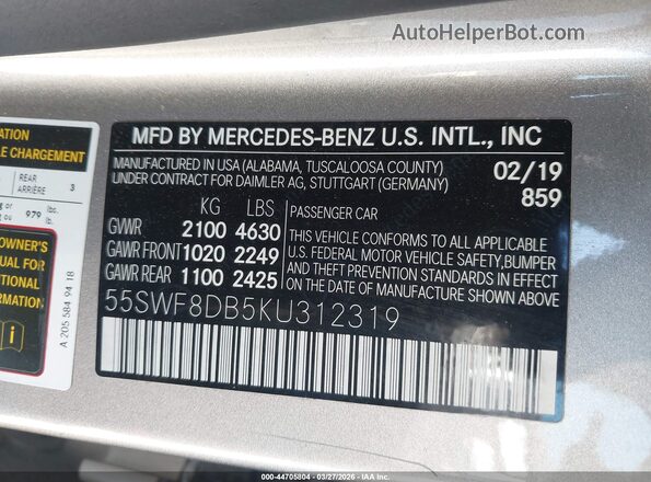 55SWF8DB5KU312319 2019 MERCEDES-BENZ C-CLASS Gray Вид підкапотного простору