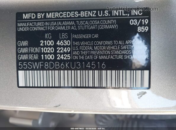 55SWF8DB6KU314516 2019 MERCEDES-BENZ C-CLASS Gray Widok komory silnika