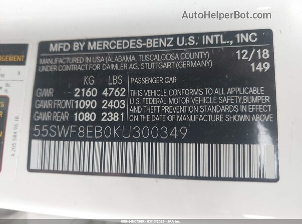 55SWF8EB0KU300349 2019 MERCEDES-BENZ C-CLASS White Vista del compartimento del motor