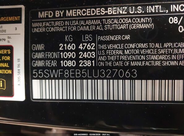 55SWF8EB5LU327063 2020 MERCEDES-BENZ C-CLASS Black Widok komory silnika