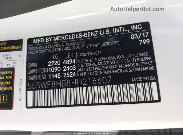 55SWF8HB8HU216607 2017 MERCEDES-BENZ AMG C 63 White Вид підкапотного простору