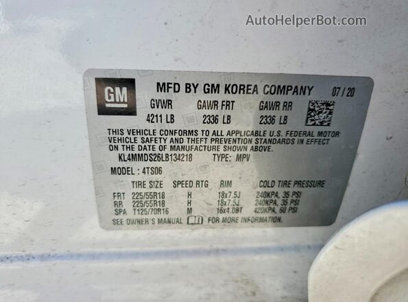 KL4MMDS26LB134218 2020 BUICK ENCORE Белый Вид наклейки с VIN-кодом