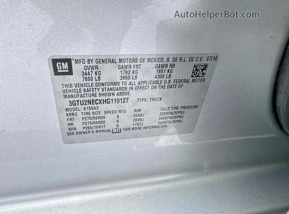 3GTU2NECXHG119127 2017 GMC SIERRA Белый Вид наклейки с VIN-кодом