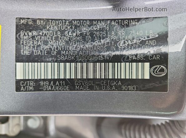 58ABK1GG0GU015147 2016 LEXUS ES Серый Вид наклейки с VIN-кодом