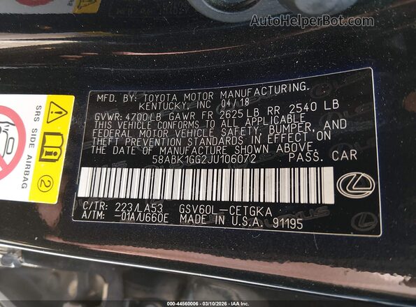 58ABK1GG2JU106072 2018 LEXUS ES 350 Черный Вид подкапотного пространства