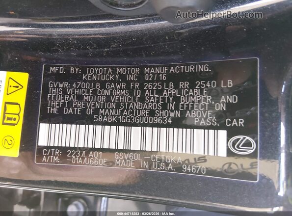 58ABK1GG3GU009634 2016 LEXUS ES 350 Черный Вид подкапотного пространства