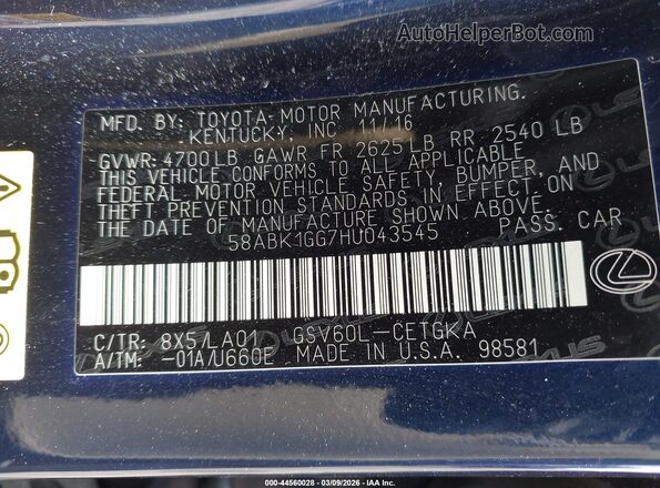 58ABK1GG7HU043545 2017 LEXUS ES 350 Синий Вид подкапотного пространства