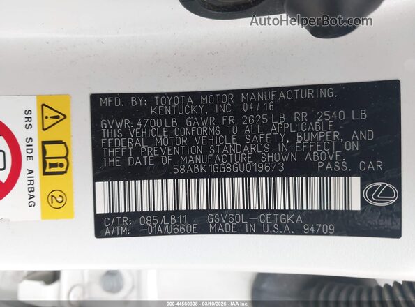58ABK1GG8GU019673 2016 LEXUS ES 350 Белый Вид подкапотного пространства