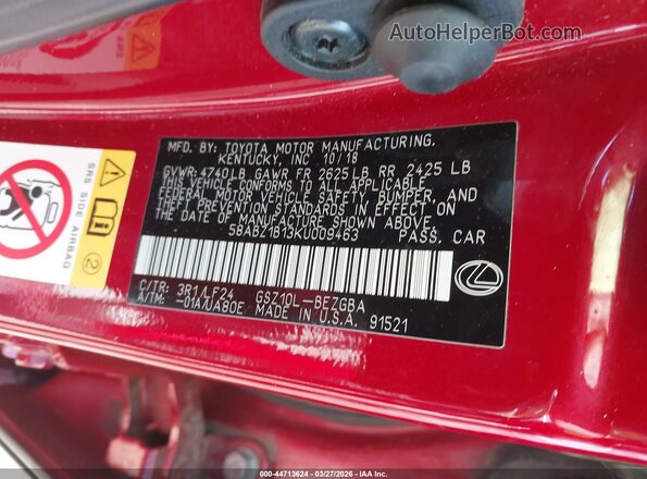58ABZ1B13KU009463 2019 LEXUS ES 350 Красный Вид подкапотного пространства