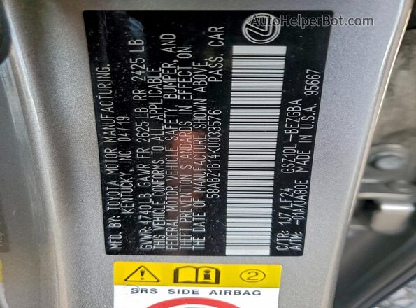 58ABZ1B14KU033576 2019 LEXUS ES Silver VIN կոդի պիտակի տեսք