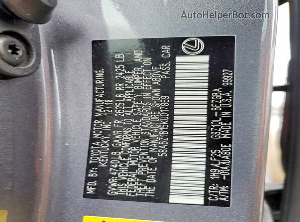 58ABZ1B15KU017869 2019 LEXUS ES Серый Вид наклейки с VIN-кодом