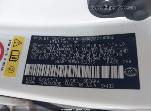 58ABZ1B15KU022375 2019 LEXUS ES 350 White Widok komory silnika