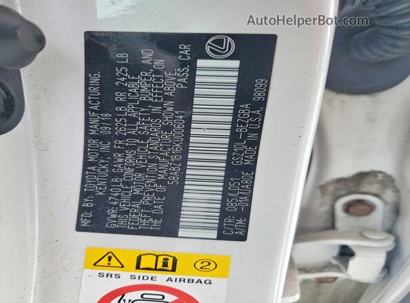 58ABZ1B16KU006041 2019 LEXUS ES Белый Вид наклейки с VIN-кодом